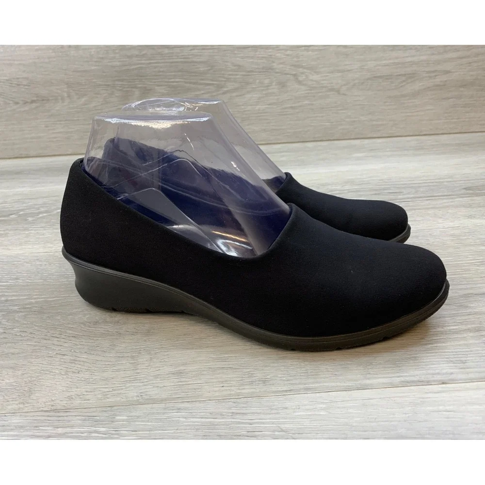 Ecco Women's Black Fabric Wedge Pumps Real Leather 5.5 Insole Slip On Shoes